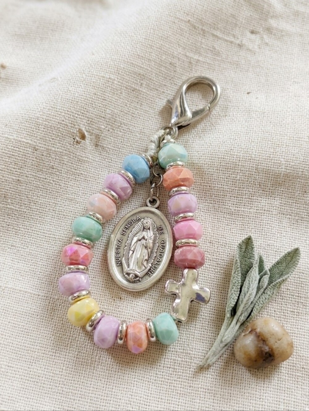 QUARTZ Keychain - Charm Rosary W/ Religious Medal